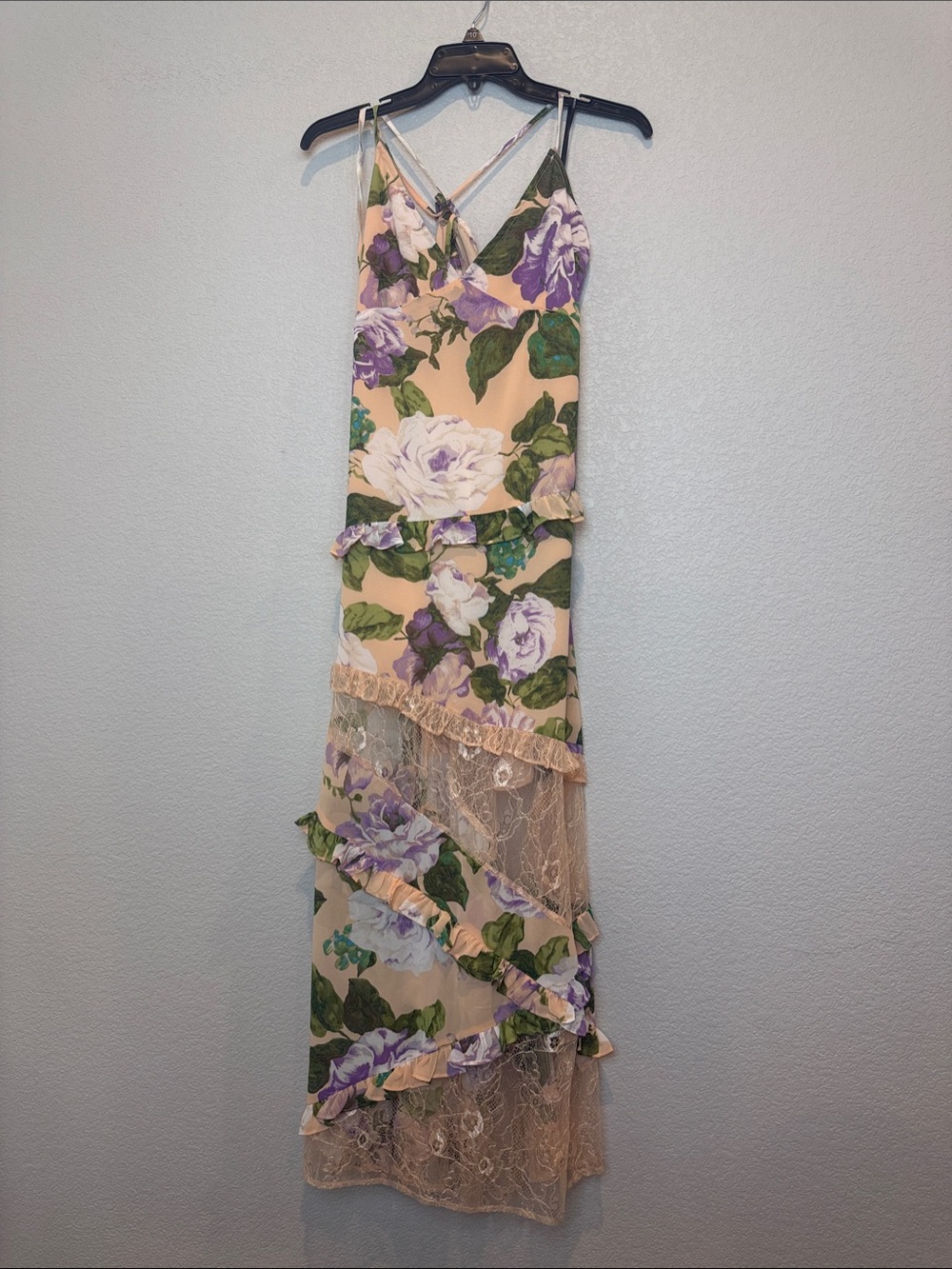 Forever 21 Peach and Lavender Floral Lace Ruffle Maxi Dress